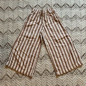 Pinstripe Tan And Cream Wide Leg Little Girl Linen 100% Cotton Vacation Pants